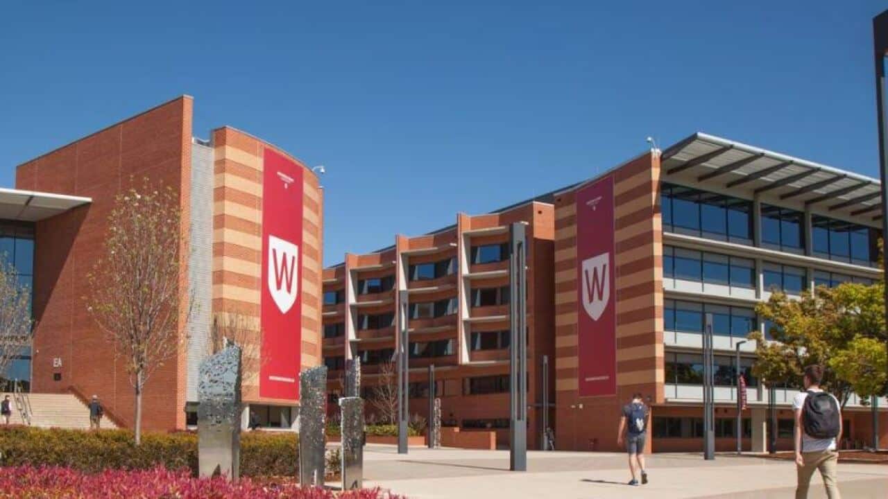 Large buildings outside. They feature a red shield and white shield with a 'W' in them