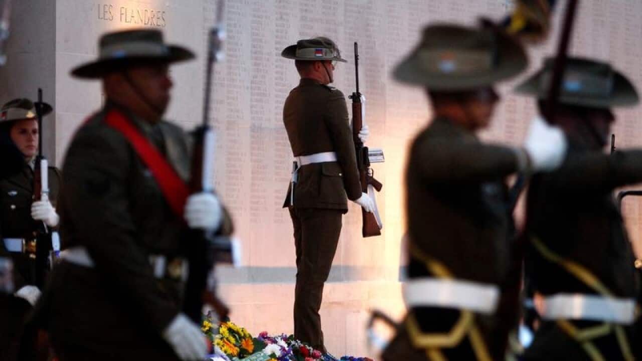 Soldiers attend the wreath-laying ceremonies in Villers-Bretonneux