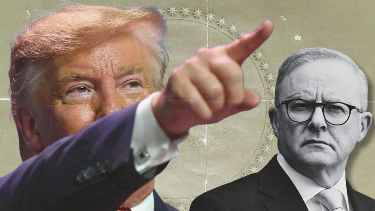 A combination picture of Donald Trump pointing his finger and Anthony Albanese looking on