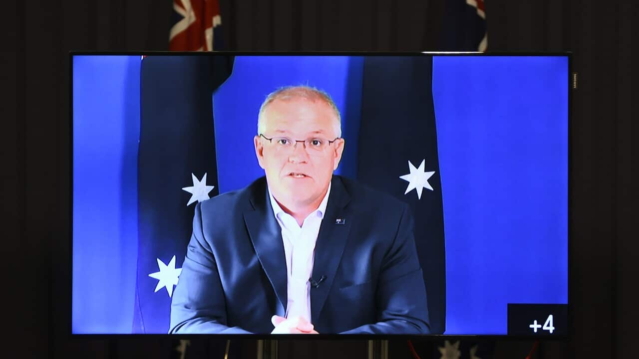 Australian Prime Minister Scott Morrison speaks to the media during a virtual press conference at Parliament House in Canberra, Saturday, November 21, 2020. (AAP Image/Lukas Coch) NO ARCHIVING