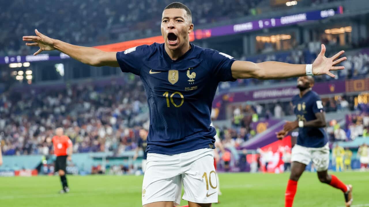 Kylian Mbappe celebrates a goal for France