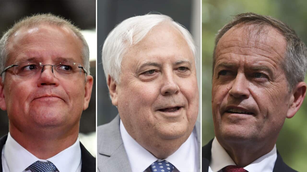 Combo image: PM Scott Morrison, UAP leader Clive Palmer and Labor leader Bill Shorten