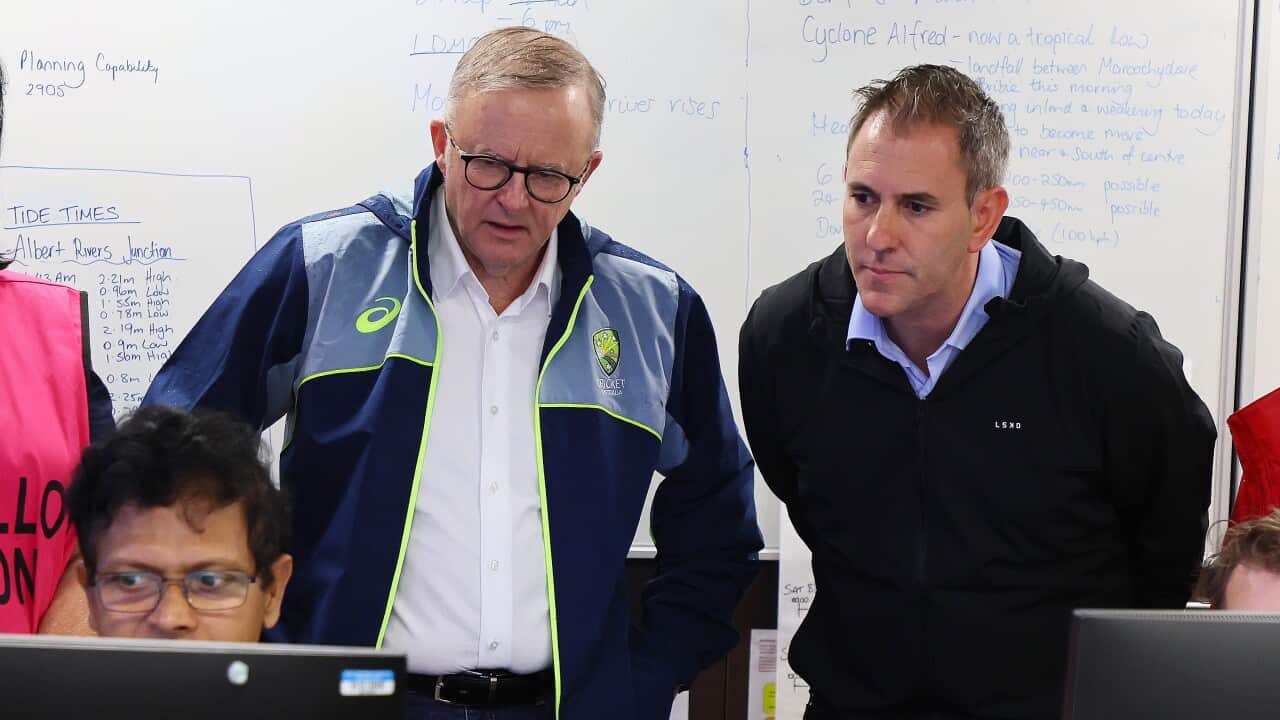 Prime Minister Anthony Albanese (left) and Treasurer Jim Chalmers (right) during a visit to the Logan disaster management centre in Brisbane, Sunday, March 9, 2025.