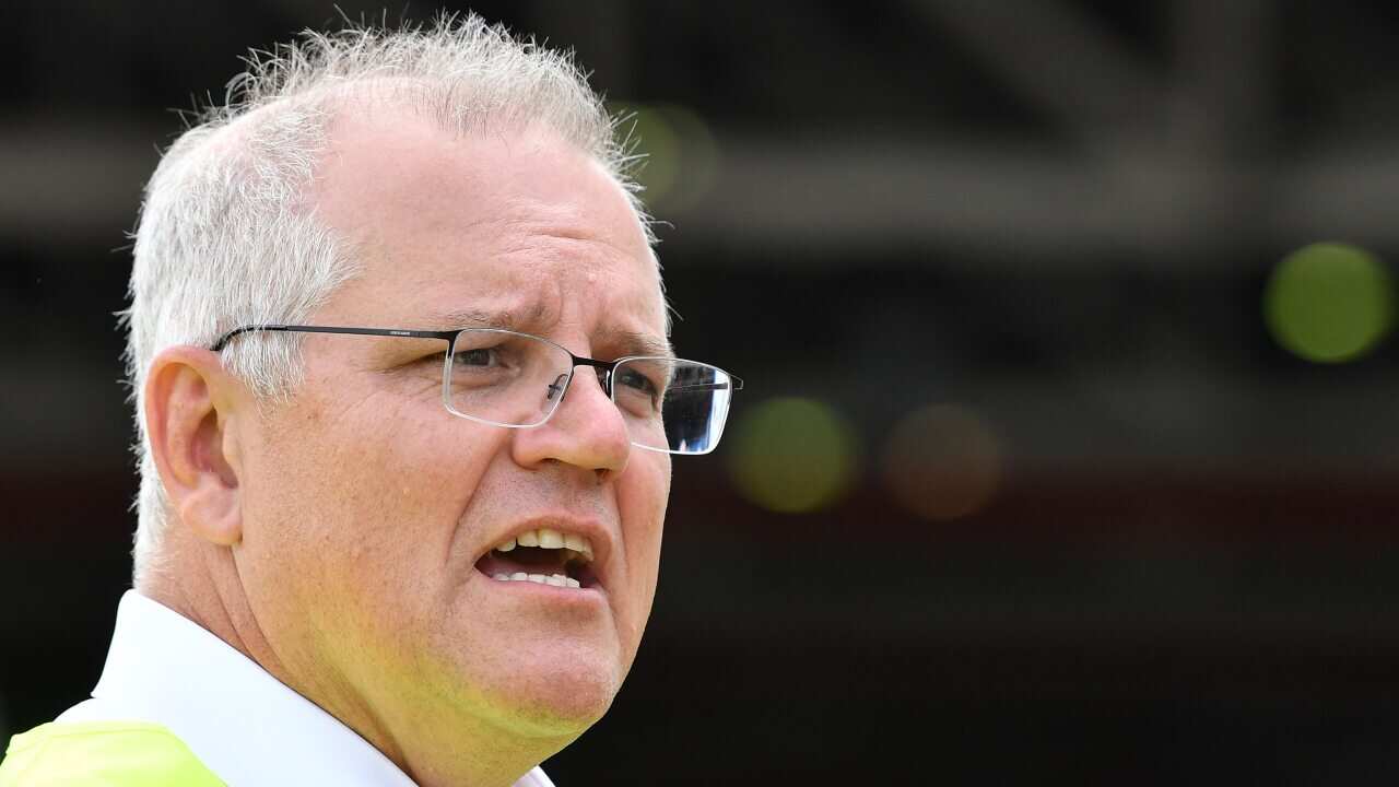 Prime Minister Scott Morrison is seen during a visit to the Wacol Volvo truck production facility in Brisbane on 22 January.