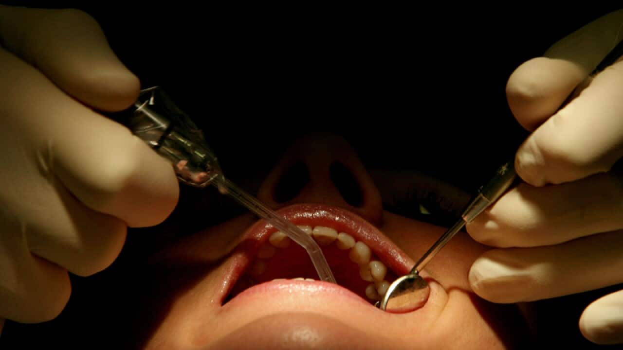 A dentist performs a routine check-up on a patient