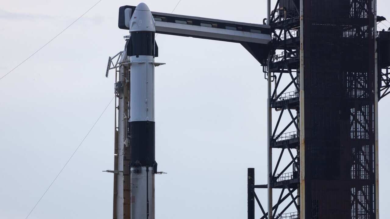 A new SpaceX Dragon capsule sits ontop of a once flown Falcon 9 first stage booster B1094-2 For Aziom 4 launch on June 11th 8:00 AM