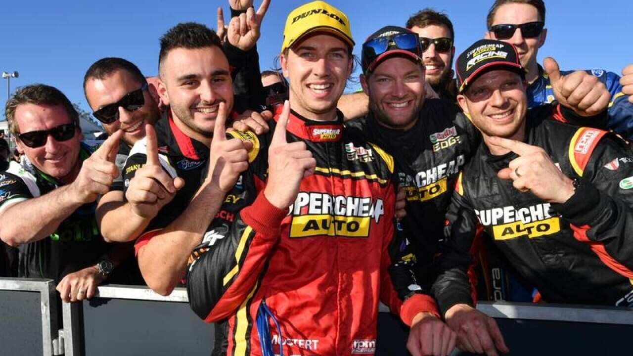 Chaz Mostert (middle) of the Supercheap Auto Racing Ford Falcon