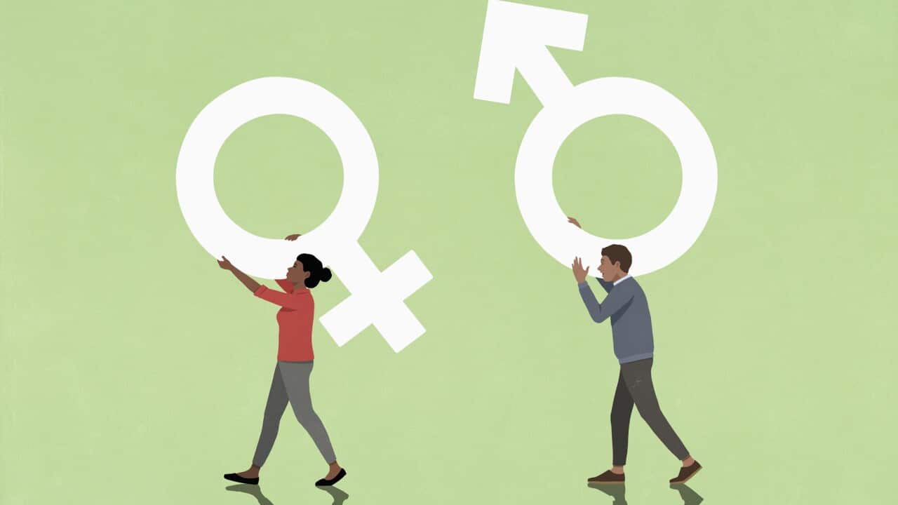 Couple carrying gender symbols on green background