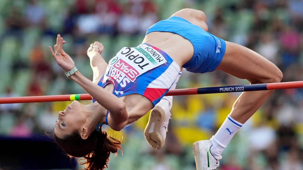 Angelina Topic of Serbia makes an attempt in the women's high jump final at the European Championships in Munich