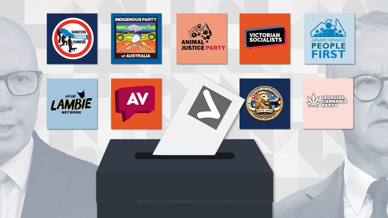Headshots of Anthony Albanese and Peter Dutton next to a ballot paper and vote box surrounded by logos of the minor parties.