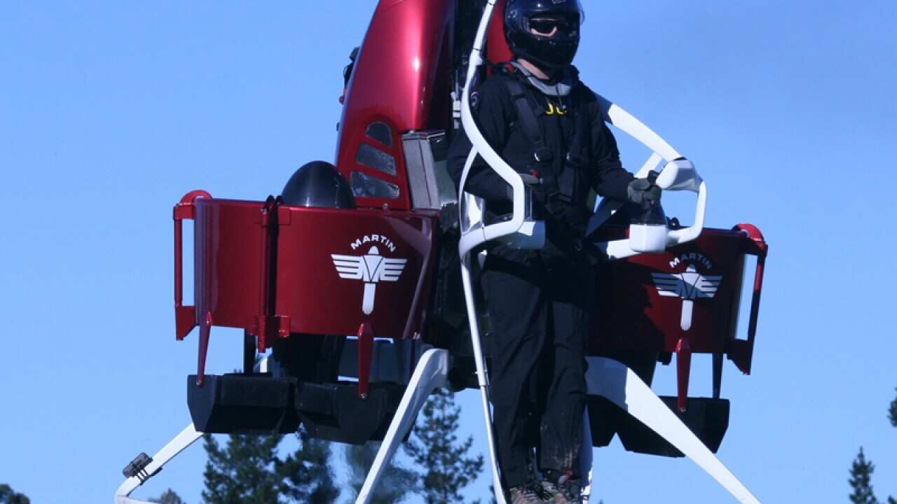 A pilot using a Martin Aircraft company jetpack