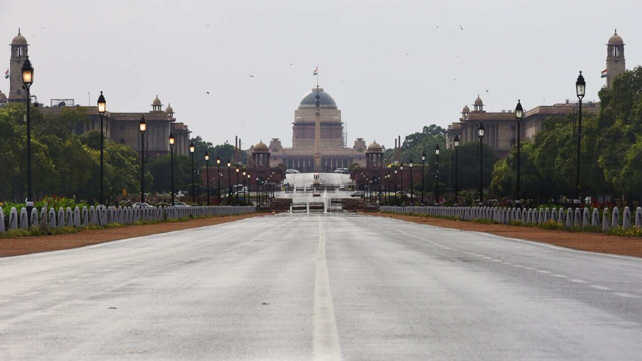 A deserted Vijay Chowk in New Delhi, India