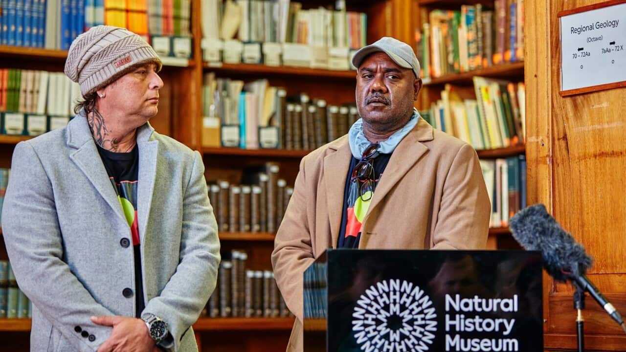 Keron Murray (left) and Smithy Wilson (right), Wuthathi Community Representatives at the Natural History Museum