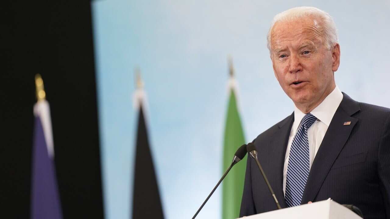 US President Joe Biden speaks during a news conference after attending the G-7 summit.