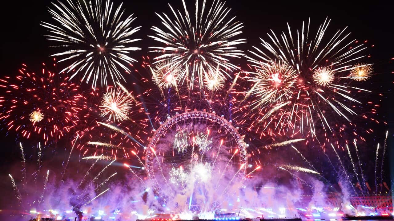 Fireworks over London Eye.