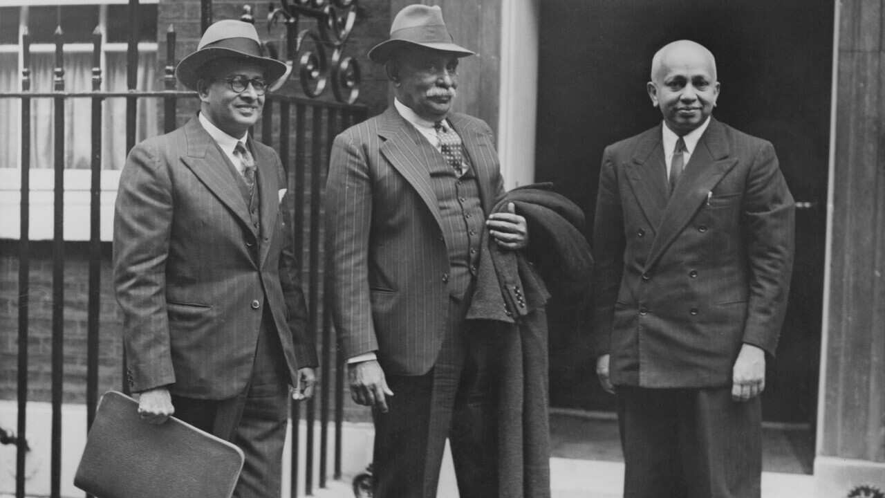 Don Stephen Senanayake (1883 - 1952, centre), the Prime Minister of Ceylon (Sri Lanka), arrives at 10 Downing Street in London for the opening of the Commonwealth Prime Ministers' Conference, 12th October 1948