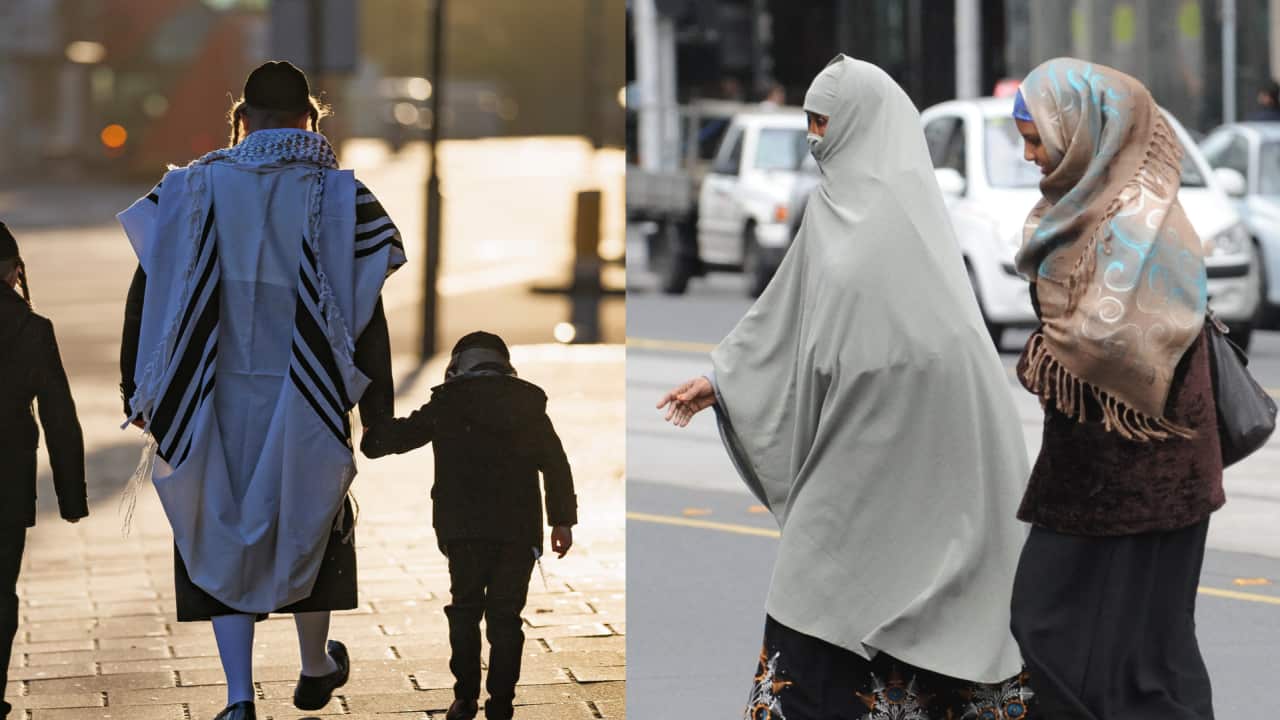 A composite image of a Jewish man walking with two small children and two Muslim women crossing a street.