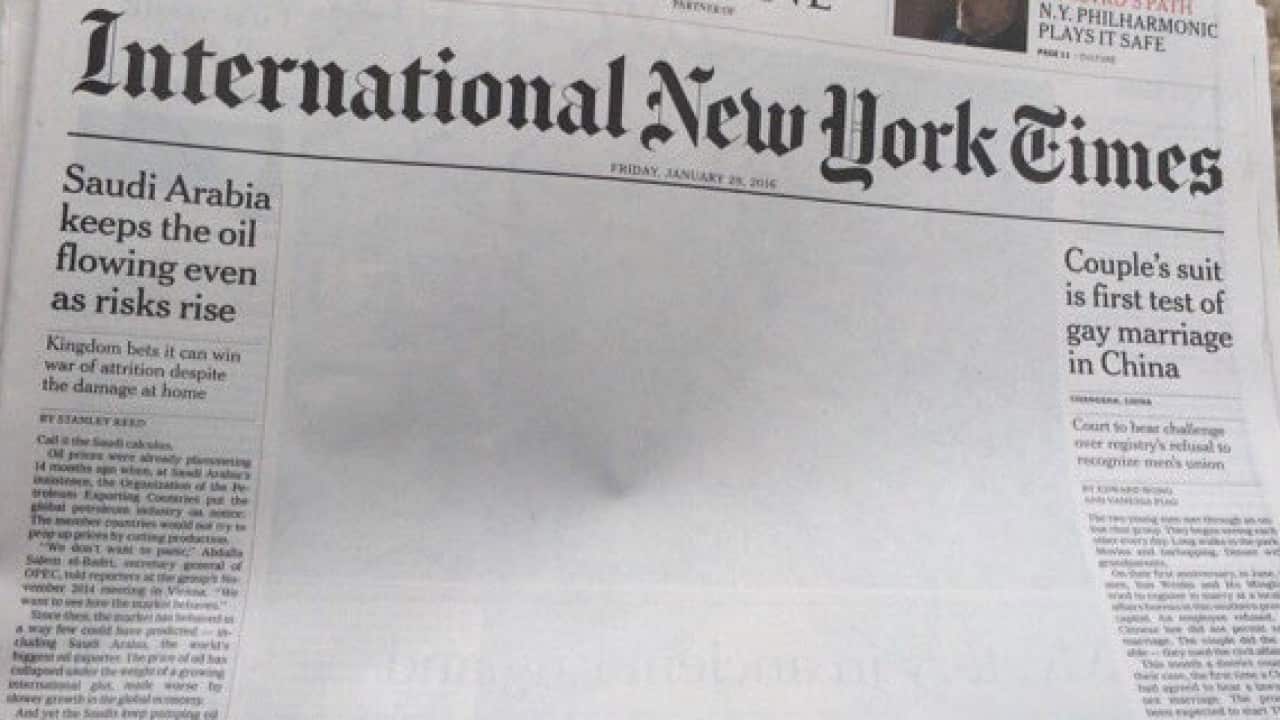 Front-page of the locally published International New York Times