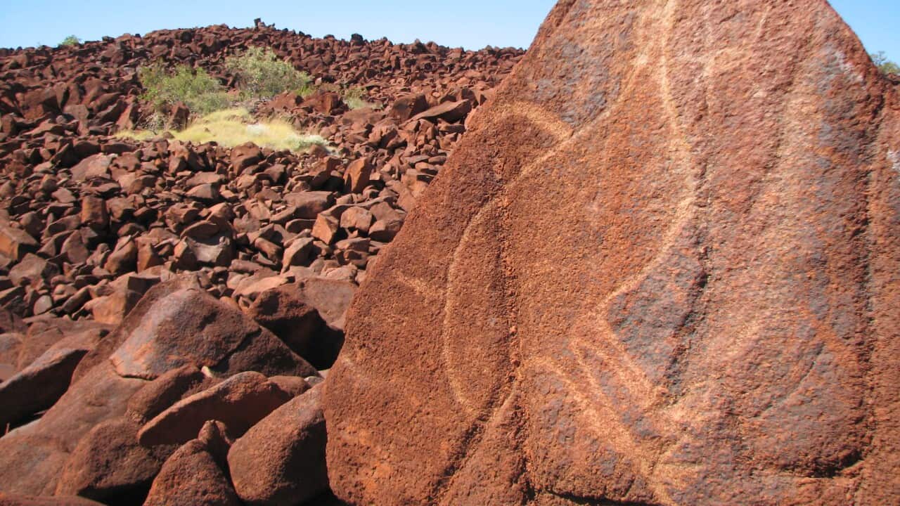 A petroglyph of an emu is seen at Murujuga Cultural Landscape in Burrup Peninsula, Western Australia.