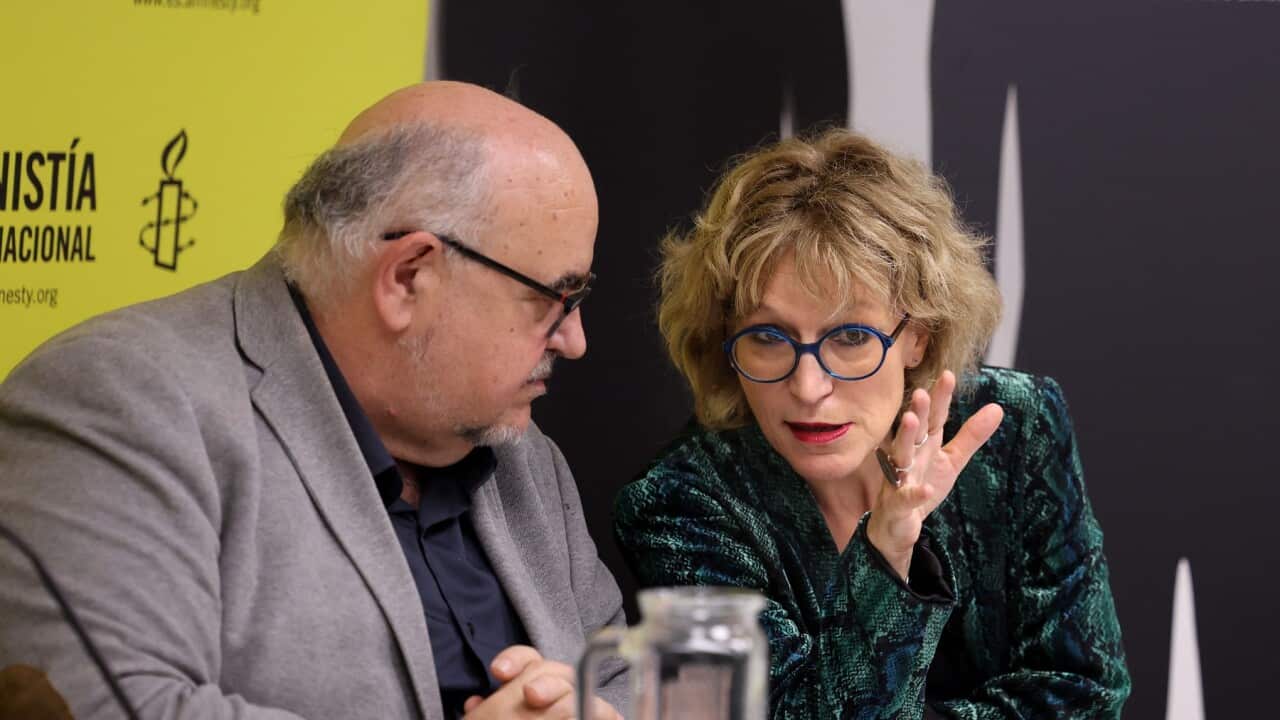 Amnesty's Agnes Callamard and Esteban Beltran during a media conference in Madrid