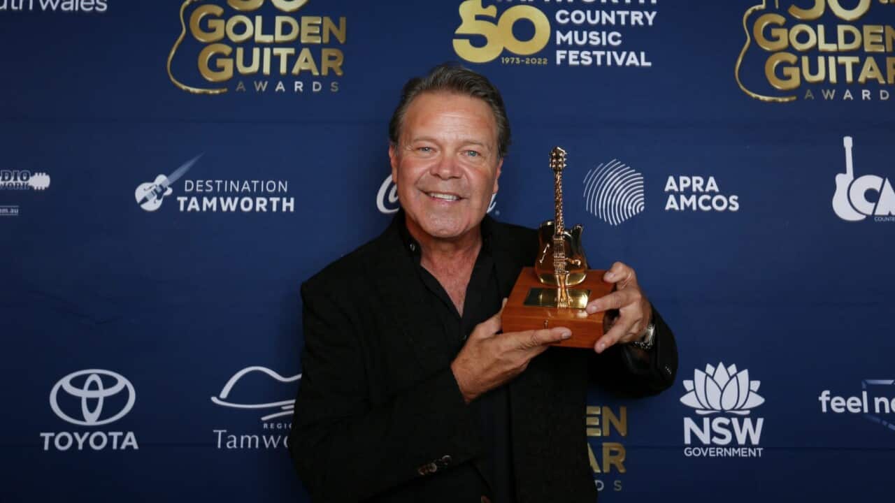 Troy Cassar-Daley, who received three awards including Male Artist of the Year, Top Selling Album of the Year and Vocal Collaboration of the Year, during the 50th Golden Guitar Awards, as part of the 2022 Tamworth Country Music Festival.