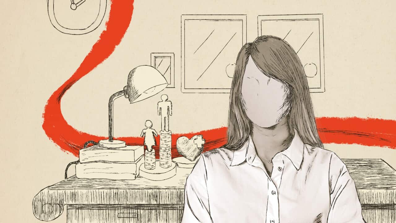 Graphic of faceless doctor in clinic room.
