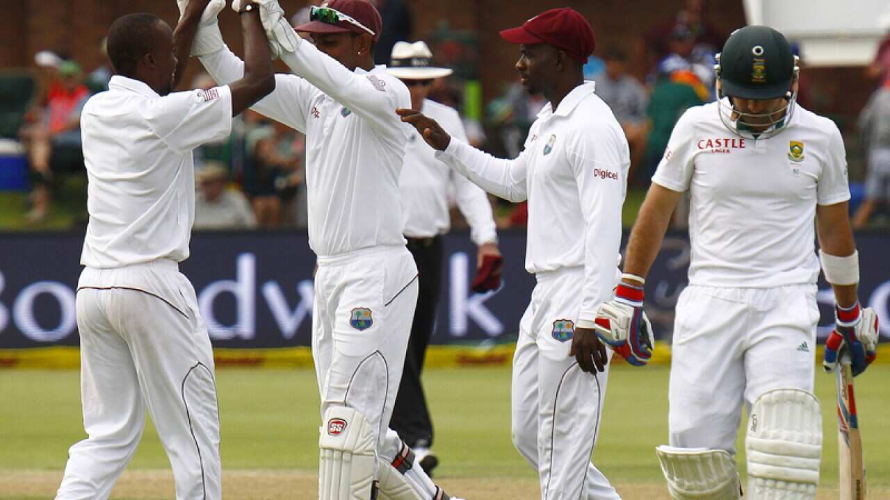he West Indies team celebrate