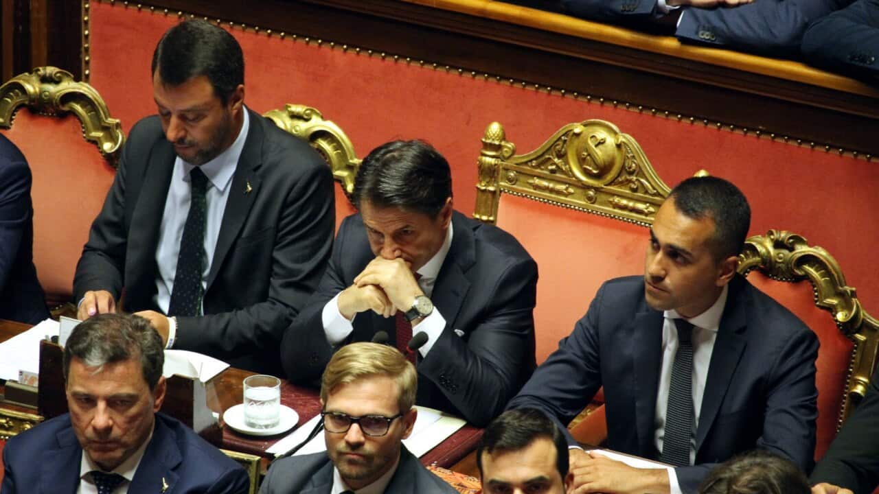 (L-R) Matteo Salvini, Giuseppe Conte and Luigi Di Maio in the parliament