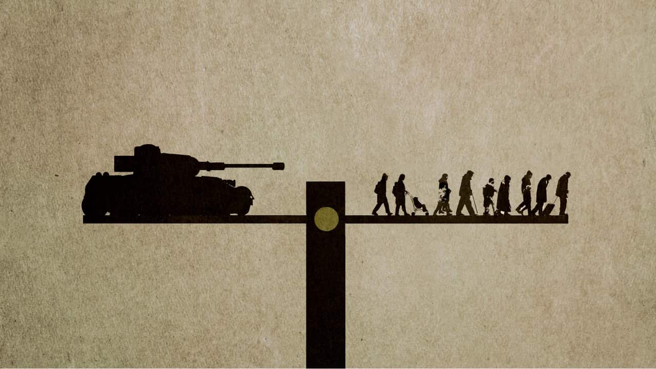 concept image of an army tank chasing a group of refugees on a see saw depicting population displacement during conflict