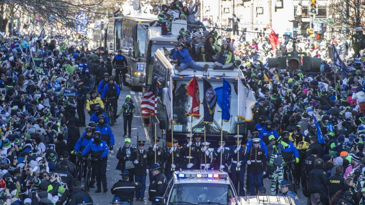 Seattle Seahawks fans celebrate their team's Super Bowl victory