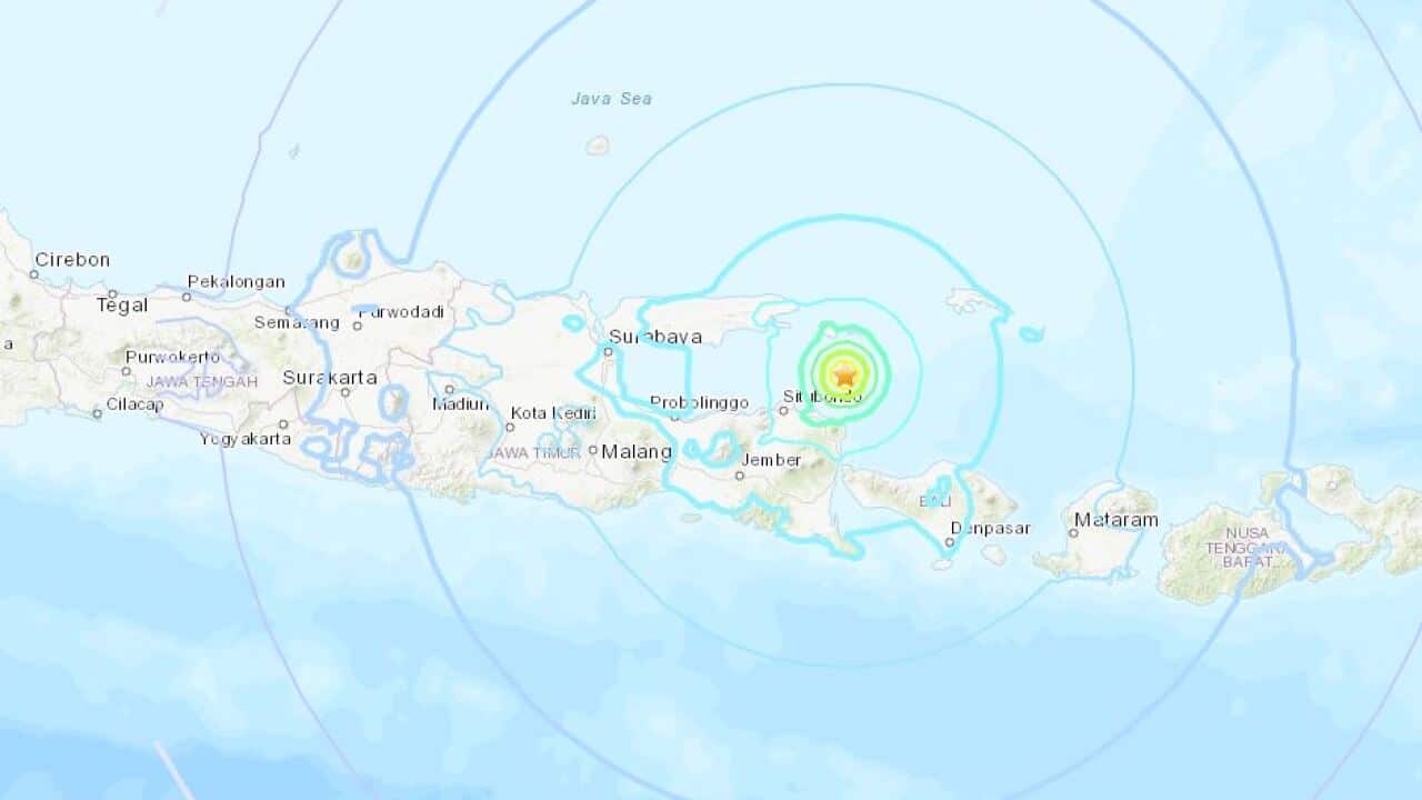 The USGS put the epicentre as 40 km (25 miles) northeast of Sumberanyar on nearby Java island.