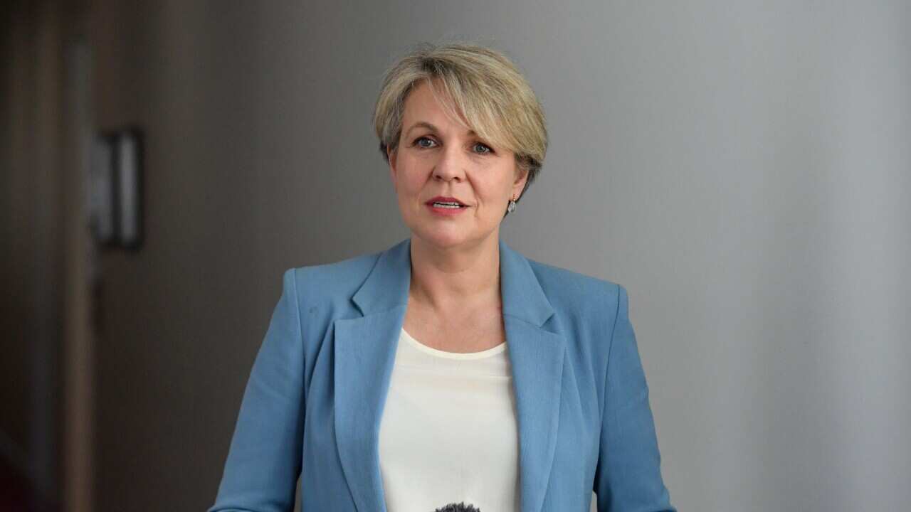 A woman in a light blue jacket speaks in front of a microphone.