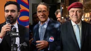 A composite image of Zohran Mamdani, Andrew Cuomo and Curtis Sliwa who are running in the New York City electoral race.