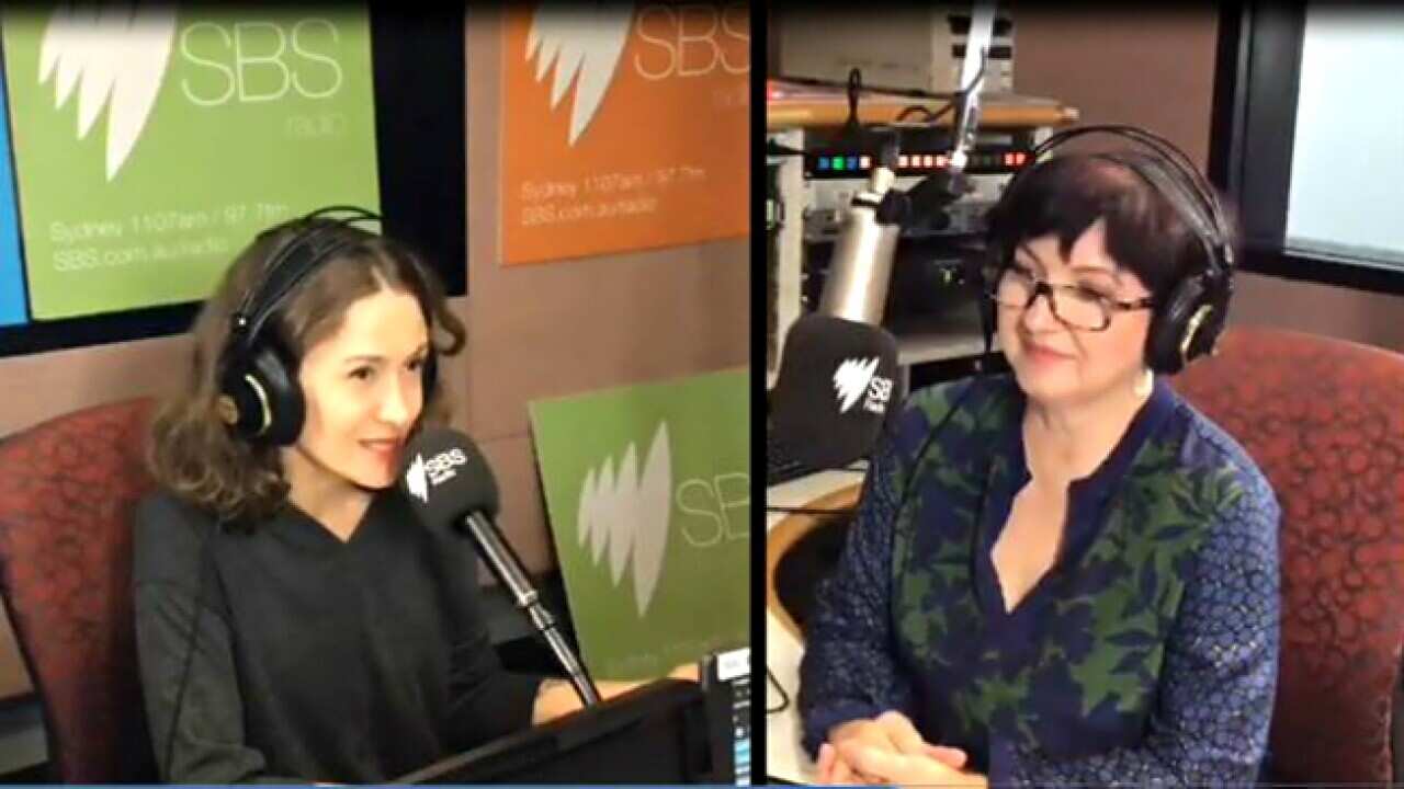 Tanja Tzarovska(left) in SBS Studio, Sydney