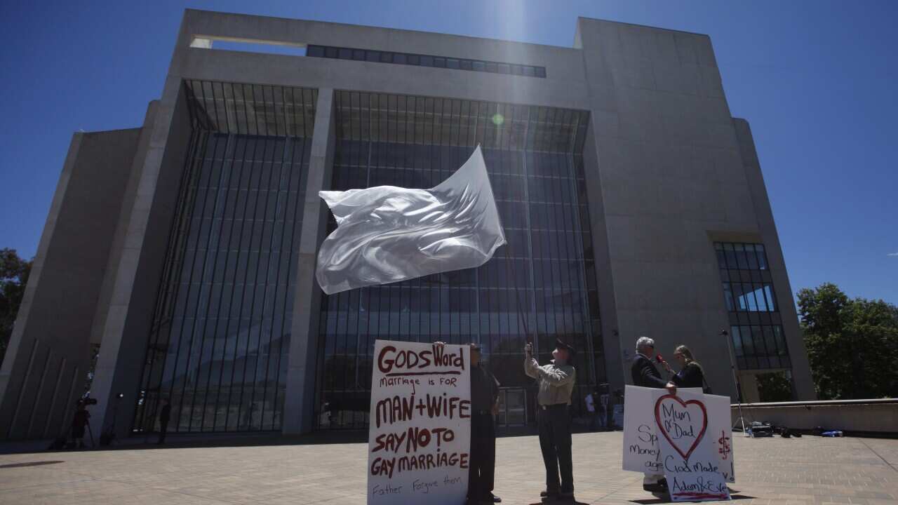 Anti-gay marriage protestors in front of the High Court of Australia aap.jpg