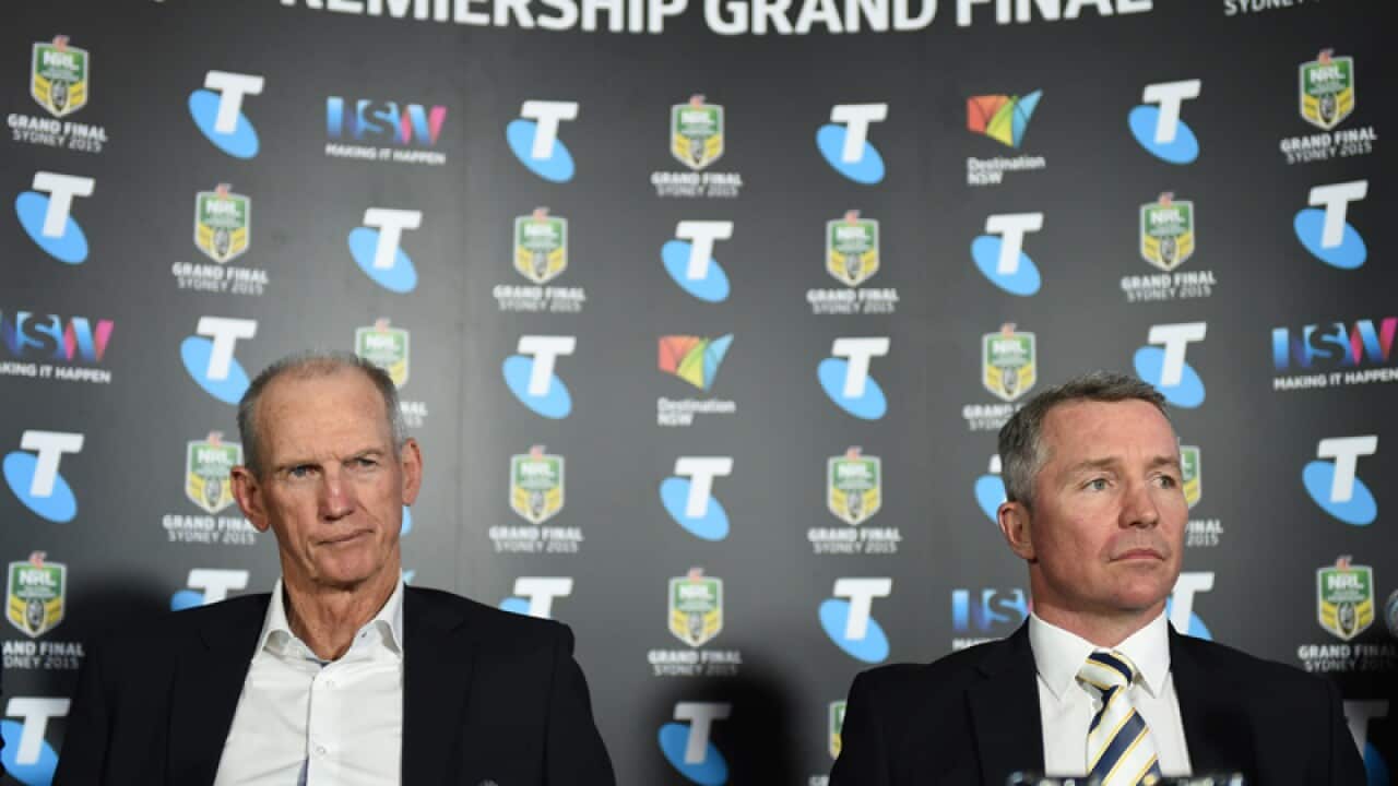 Broncos coach Wayne Bennett (L) and Cowboys coach Paul Green