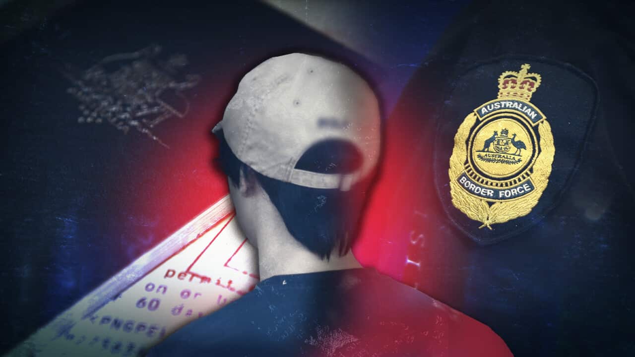 A graphic featuring a man in a cap, visa application documents and a border force logo