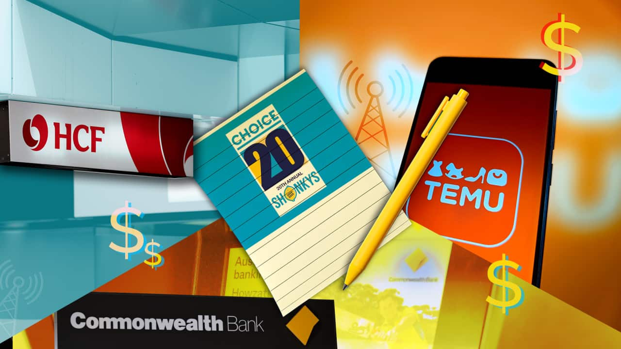 A composite image showing a HCF sign, a phone with Temu on it, a Commonwealth Bank sign and atm, a notepad with "Choice 20th annual Shonkys", and a pen.