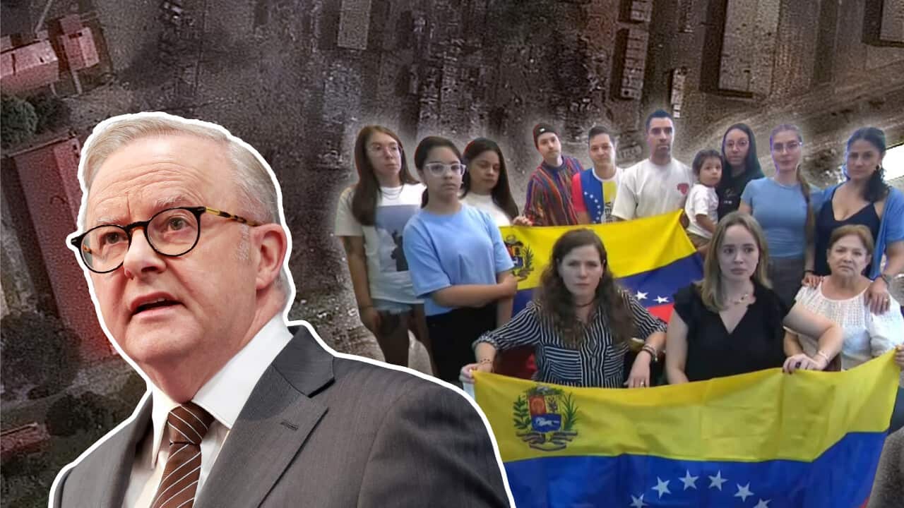 A split image of a Venezuelan flag waving on the left and a portrait of a woman wearing a white striped top seated indoors.