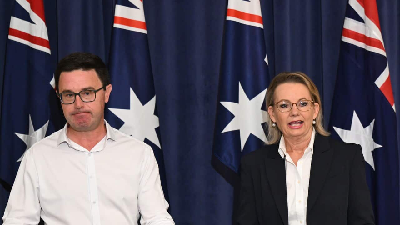 A woman speaks at a press conference with a man seen standing in the background.