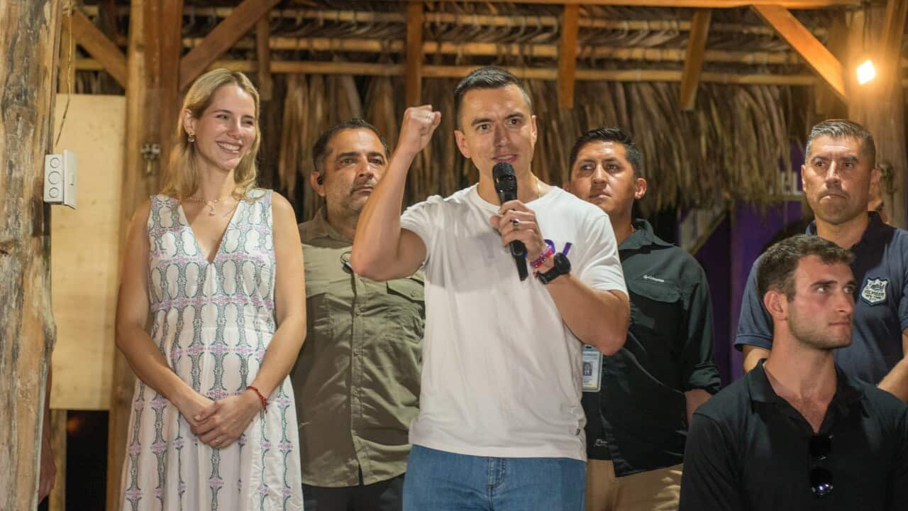 Daniel Noboa (C) speaks to the press after winning the 2023 presidential elections in Ecuador (AAP)