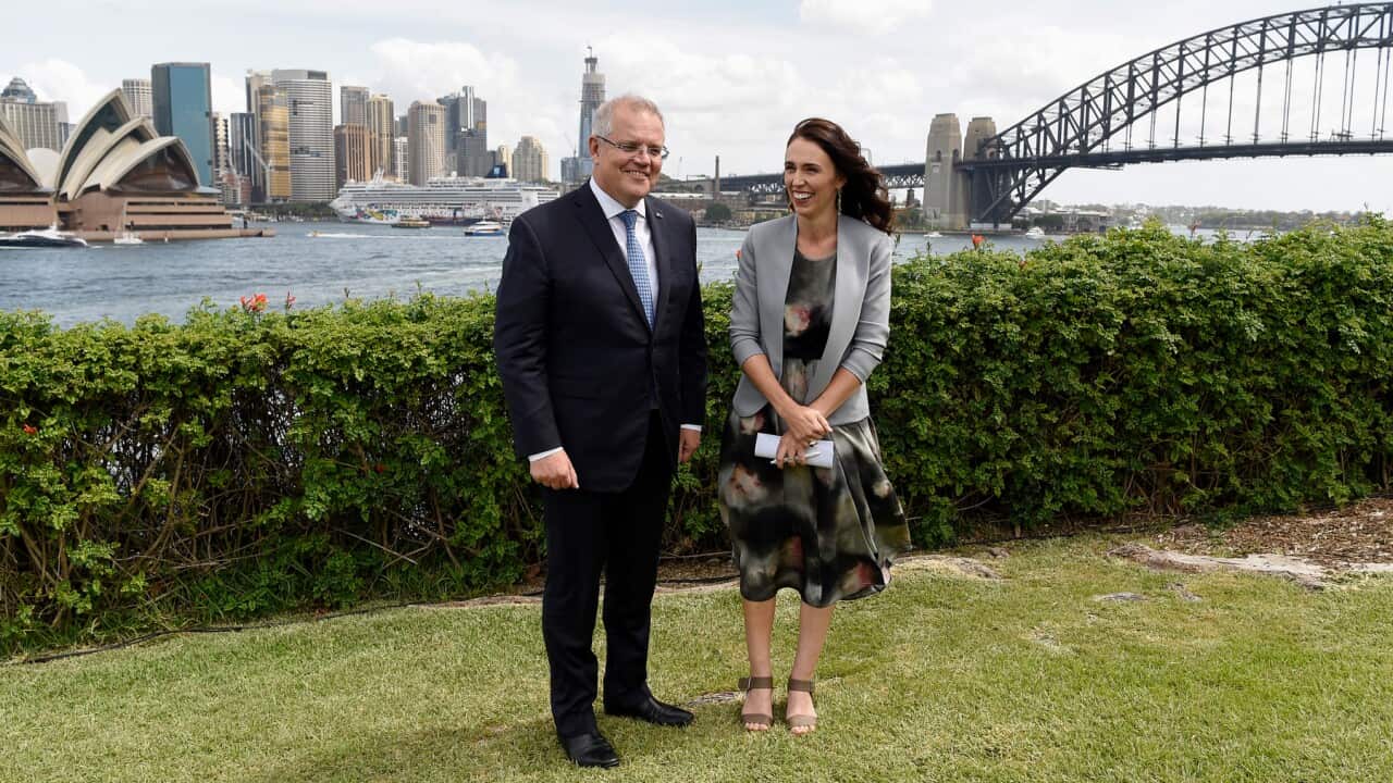 Australian PM Scott Morrison (left) and NZ PM Jacinda Ardern at Admiralty House in Sydney