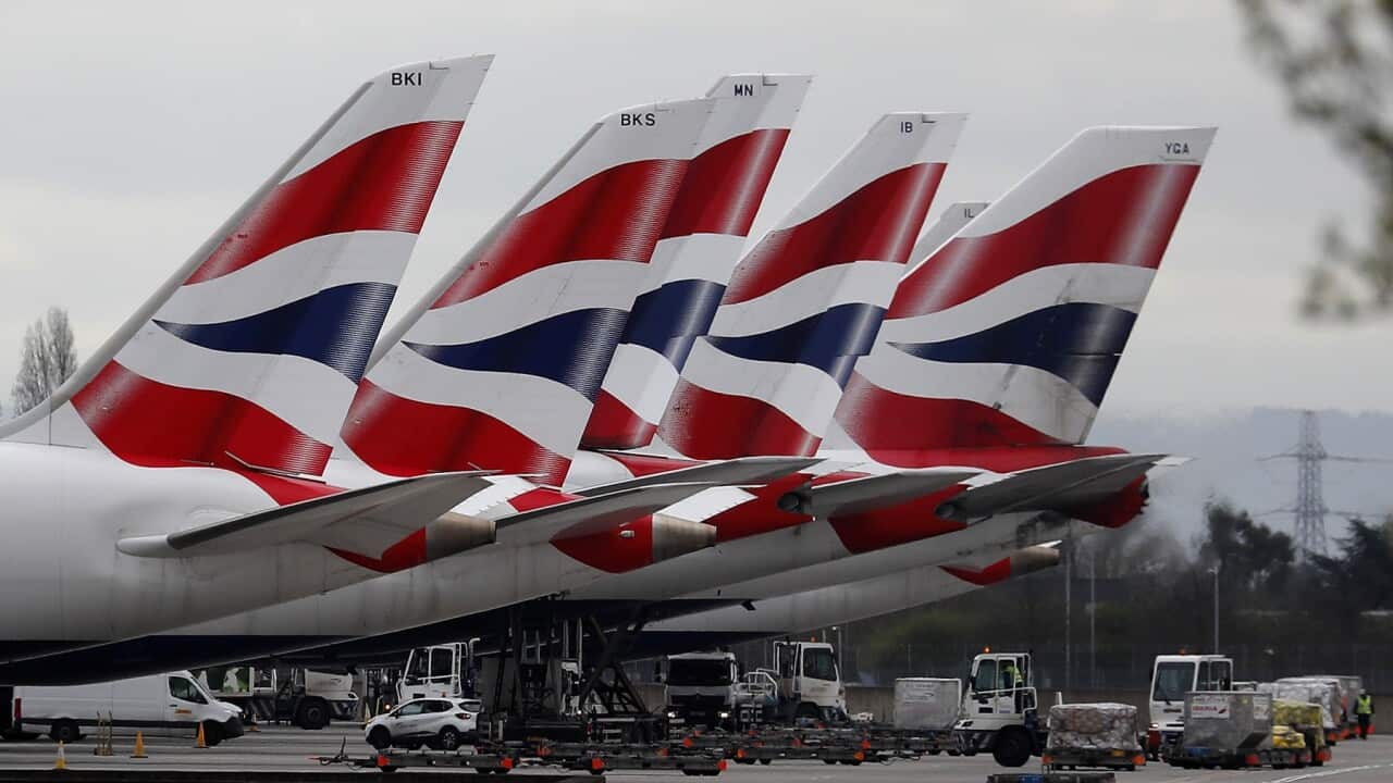 Grounded British Airways planes parked at Heathrow airport in London