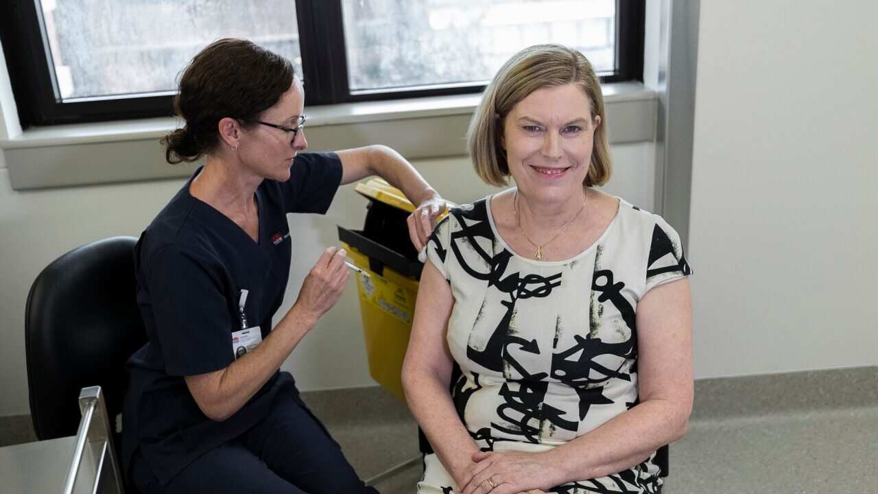 NSW Chief Health Officer Kerry Chant receives the AstraZeneca vaccine at St George Hospital in Kogarah, Sydney on 10 March 2021.