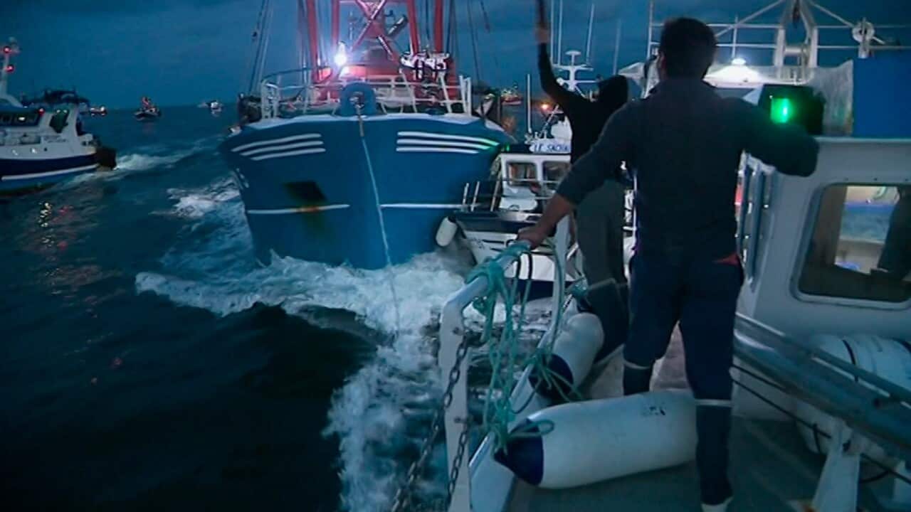 In this image taken from France 3 video, French and British boats clash off France's northern coast, early Tuesday Aug. 28, 2018.