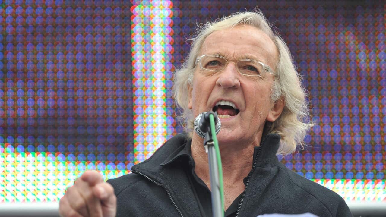 John Pilger addressing an anti-war demonstration marking the 10th anniversary of the Afghanistan war in 2011 (AAP)