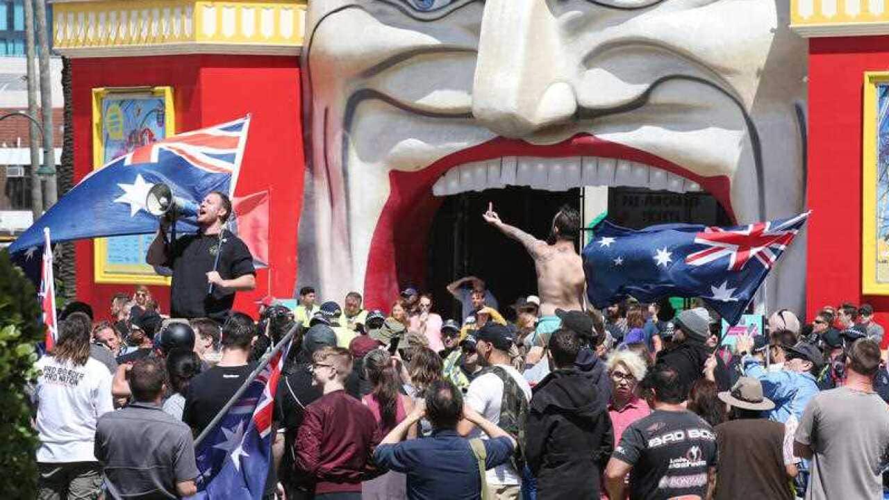 Image: Far-right activists protest in front of Luna park in St Kilda on Saturday, January 5 2019 by AAP