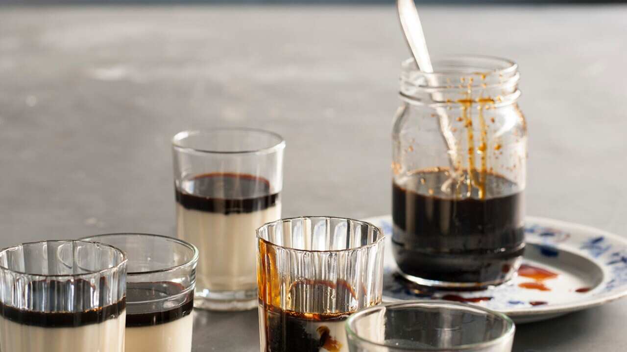 Soy milk jellies with coffee syrup