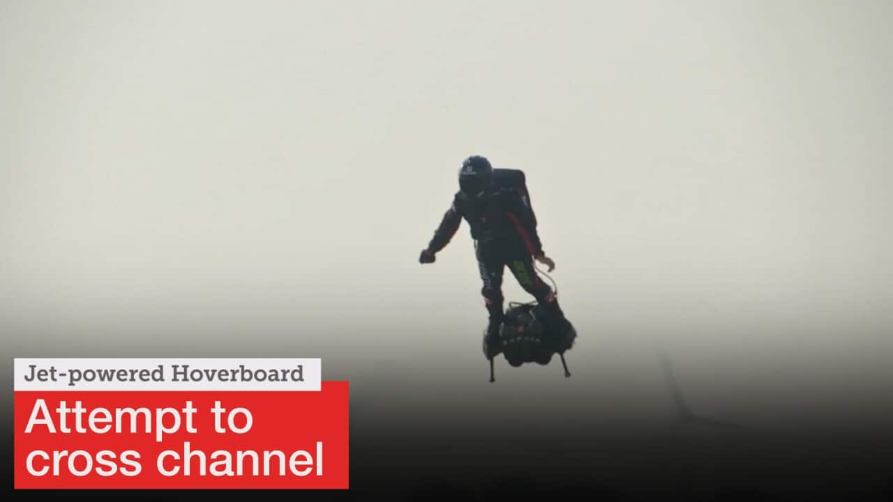French inventor Franky Zapata failed to cross the English Channel on a jet-powered hoverboard, attempting to recreate the first cross-Channel flight by aviator Louis Bleriot's 110 years earlier.