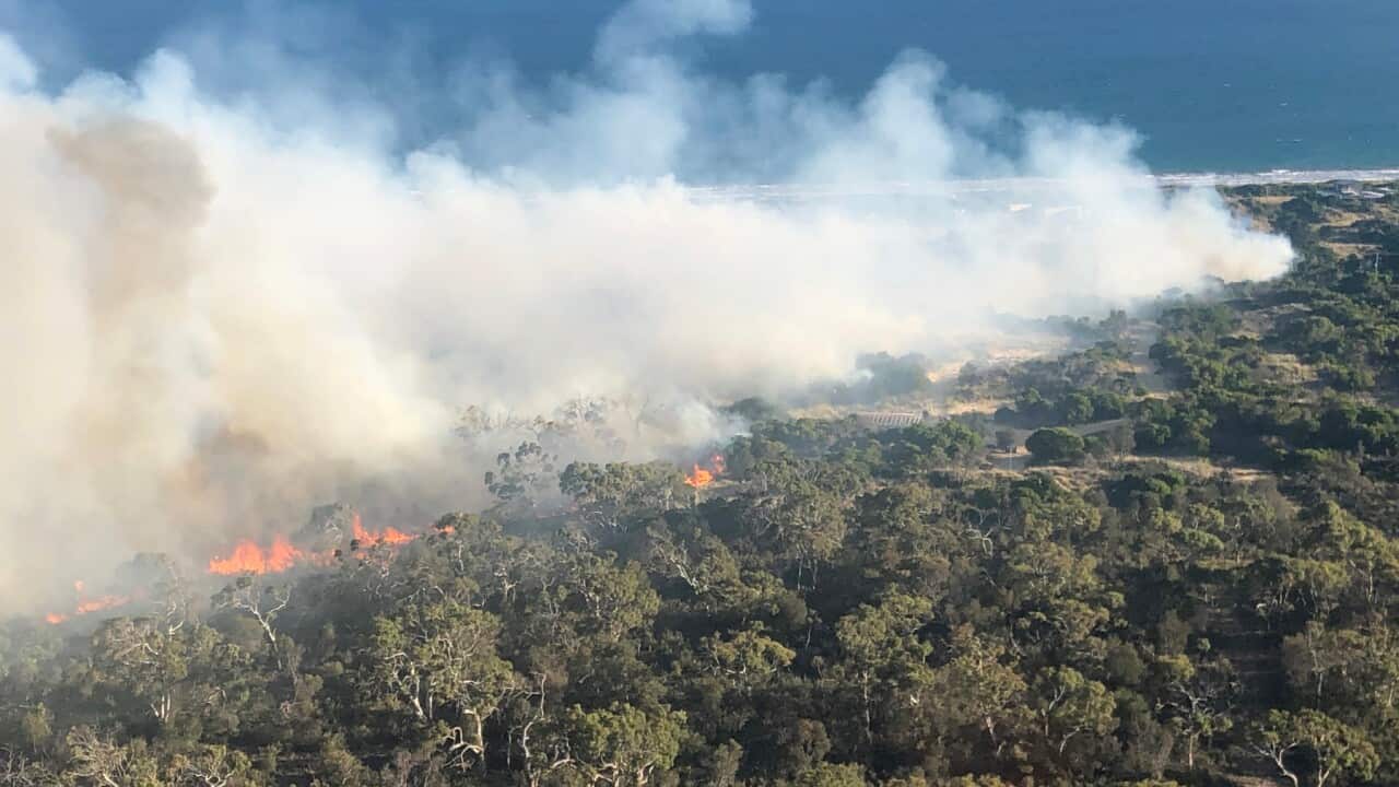 A bushfire near Dolphin Sands on Tasmania's east coast, on April 9, 2019